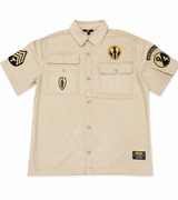 Jordan Craig Men's Khaki Military Patch Button-Up Shirt – Beige Utility Short Sleeve Shirt