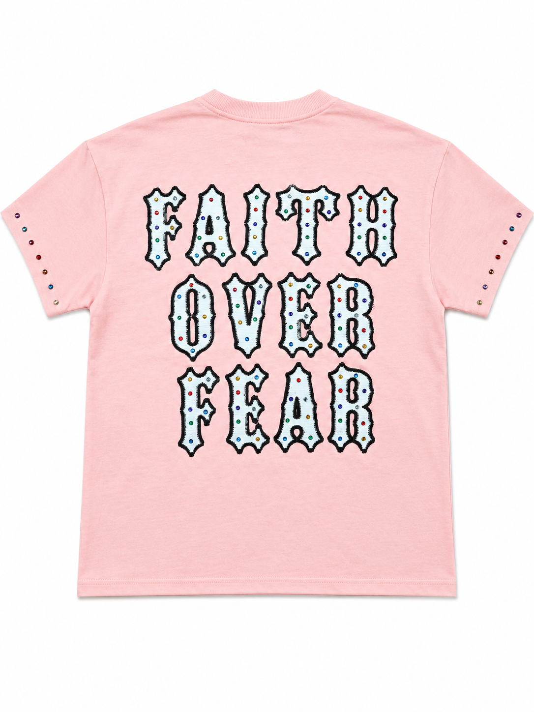 Focus “Faith Over Fear” Rhinestone Graphic T-Shirt – Pink