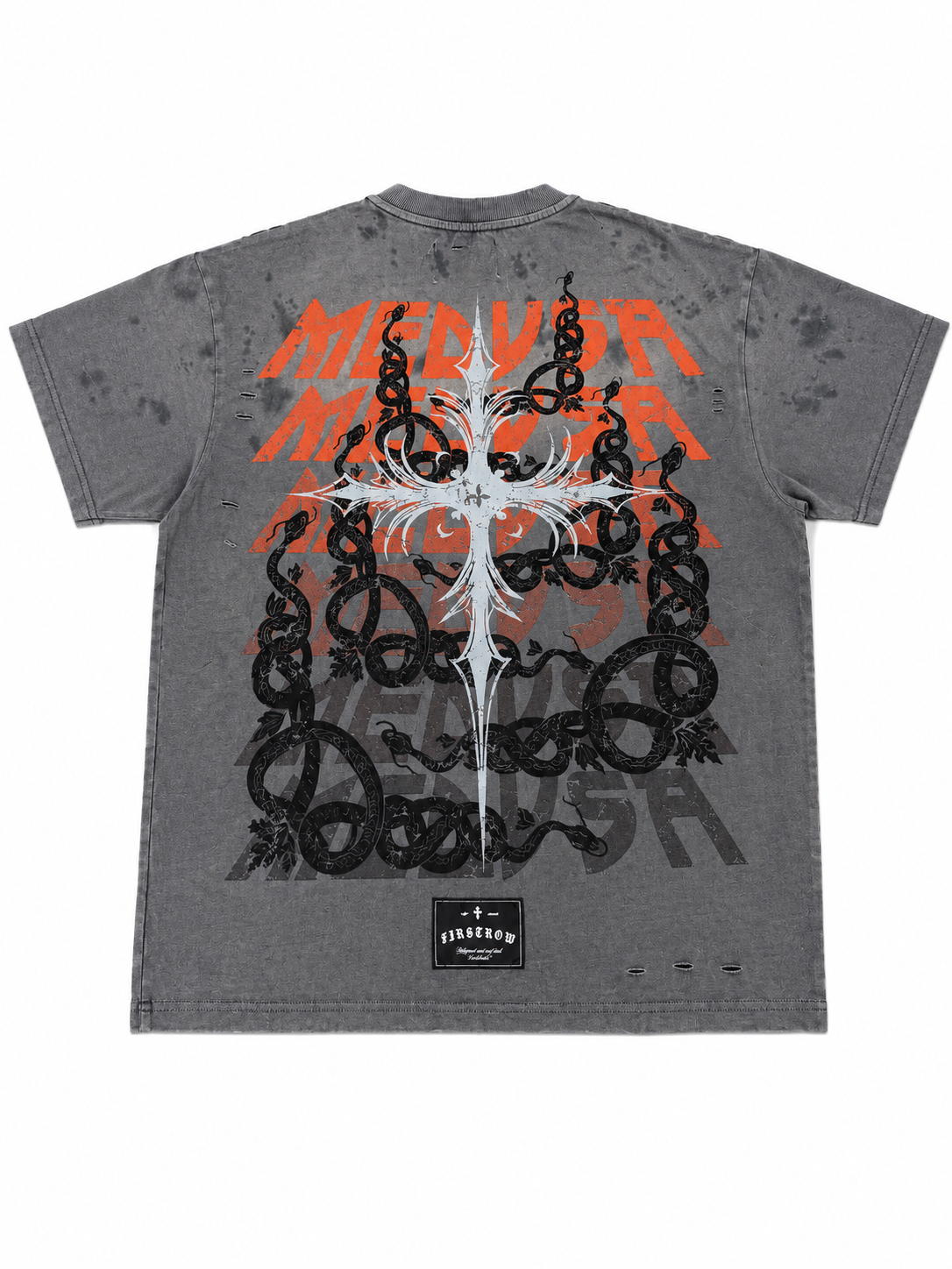 First Row Medusa Skull Rhinestone Distressed Graphic Tee – Washed Charcoal